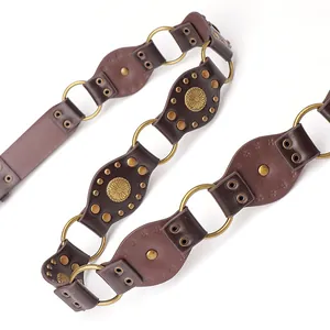 Western vintage wide leather belt with sun flower embossing and antique metal rings