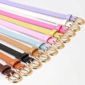 Women slim macaron leather belts with gold buckles in various pastel colors