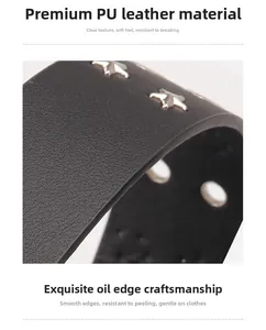 Close-up of black PU leather belt with silver star rivets and detailed edge finish