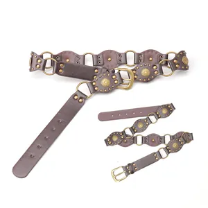 Western vintage women's wide leather belt with bohemian floral metal rings and bronze buckle