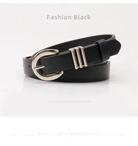 Close-up of fashion black leather belt featuring a semicircular silver metal buckle