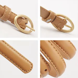 Cintura sottile in pelle marrone da donna con fibbia ovale dorata e cuciture bianche