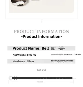 Detailed dimensions of silver moon buckle belt showing 107cm length and 2.4cm width