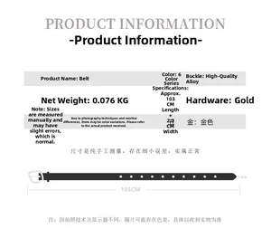 Detailed size chart for black leather belt with golden alloy buckle and dimensions