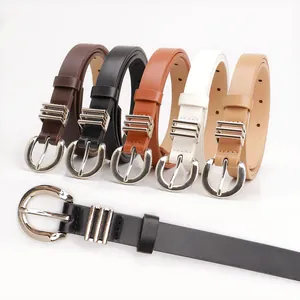 Women's Fashion Thin Faux Leather Belt With Silver Alloy Horseshoe Buckle Minimalist Versatile Waist Strap For Jeans Pants