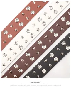 Detail view of four punk style eyelet belts with star studs in multi-color leather