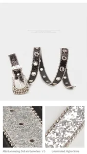 Détail de la boucle en strass western et ceinture noire étincelante avec œillets en métal