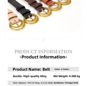 Detail of vintage gold crescent moon buckle and 103cm faux leather belts in six colors