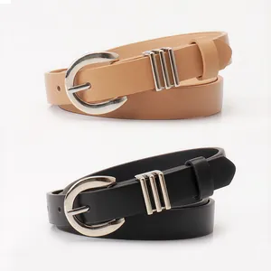Women's minimalist thin leather belts in black and khaki with silver horseshoe buckles