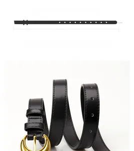 Detail showing 103cm long vintage crescent moon gold buckle and 2.4cm black leather belt