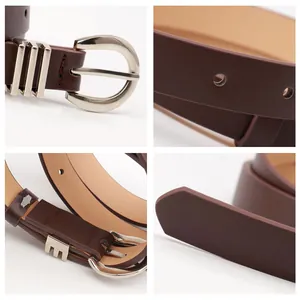 Women's minimalist dark brown leather belt with elegant silver D-shaped metal buckle