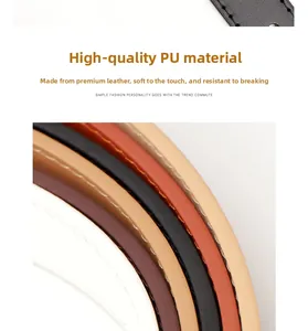 Close-up of high-quality PU leather belts in five colors with fine stitching details