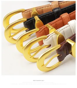 Detail of horse-shoe buckles on premium leather belts in five diverse colors
