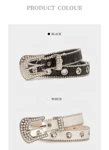 Détails de ceintures y2k ornées de strass montrant des boucles brillantes en noir et blanc