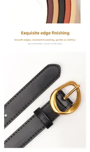 Detail showing smooth oil-edge craftsmanship on black leather belt with gold buckle