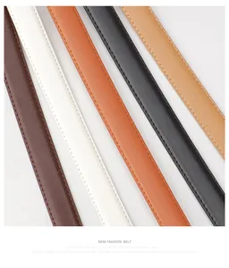 Close-up of five thin leather belts in various colors showing stitch details
