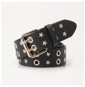 Detail of punk black leather belt with silver star rivets and double-prong buckle