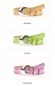 Slim metallic fashion belts for women in golden, green, and rose red with silver buckles