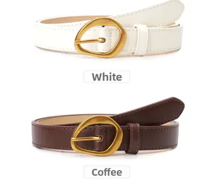 Detail of white and coffee slim leather belts with gold irregular oval needle buckles