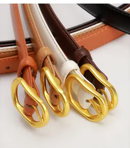 Gros plan sur des ceintures fines en cuir avec boucles dorées ovales de diverses couleurs