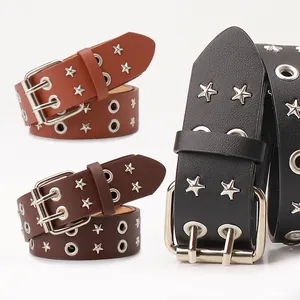 Women Punk Faux Leather Belt With Double Pin Buckle Metal Star Studded Grommet Design For Jeans Streetwear Fashion Waist Strap Accessory
