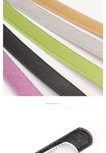 Detail of slim PU leather belts for women in multiple colors with fine stitching finish