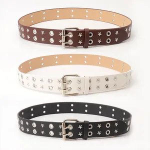 Punk women's leather belt with double grommets and star studs in black, white, and brown