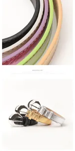 Detailed view of narrow waist belts in multiple colors with polished silver oval buckles