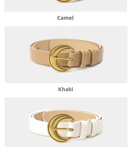 Vertical display showing camel and khaki leather belts with vintage gold moon buckles