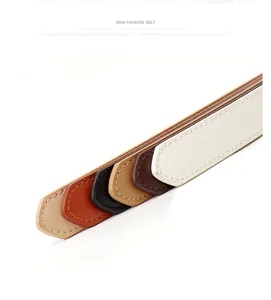 Detail of stitched leather belts for women showing various colors and fine texture
