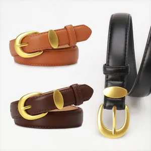 Women Fashion PU Leather Thin Belt With Gold Alloy Pin Buckle Elliptical Decorative Ring Minimalist Elegant Waistband For Jeans Dresses