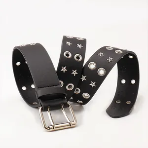 Punk black leather belt with silver star studs and double grommets on white background