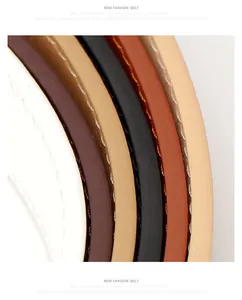 Macro detail of various color leather belts with fine stitching and polished texture