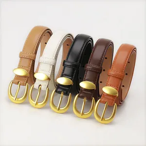 Women's minimalist faux leather belts set with elegant oval gold alloy pin buckles
