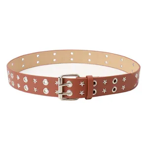 Brown faux leather punk belt with double row eyelets and silver star metal rivets