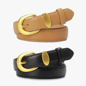 Women's minimalist leather belts in black and brown with oval golden metal buckles
