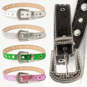 Cinturón Y2K de Strass y Lentejuelas para Mujer Moda Western Cowboy de Cuero Artificial Con Hebilla de Pasador de Aleación para Accesorios de Falda de Fiesta