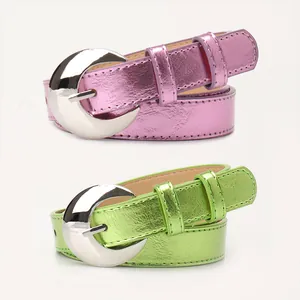 Women's Fashion Faux Leather Belt With Silver Crescent Moon Alloy Pin Buckle Y2K Metallic Waist Belt For Jeans Dresses