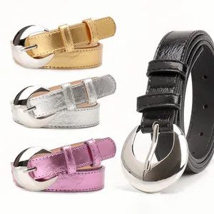 Minimalist moon buckle belts for women in gold, silver, burgundy and black colors