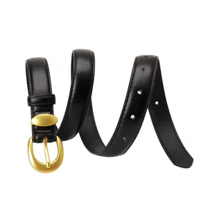 Minimalist black leather belt for women featuring a gold oval buckle on a white background
