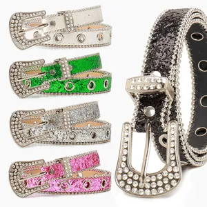 Ceinture Femme Y2K Strass Paillettes Style Cowboy Occidental Boucle Alliage Cuir PU Brillant Punk Streetwear Ceinture Bijoux