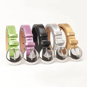 Five assorted metallic crescent moon buckle belts in vibrant fashion colors for women
