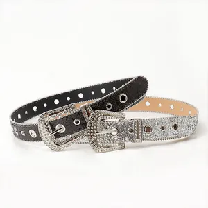 Cinturón brillante con pedrería para mujer en negro y plata con hebillas tipo western