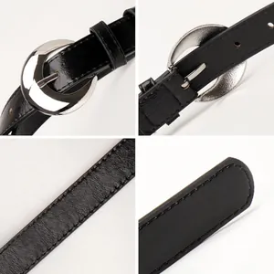Minimalist black leather belt with silver moon-shaped C-buckle for women's jeans
