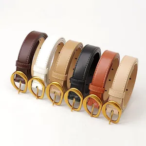 Women's slim faux leather belts with vintage gold buckles in six essential fashion colors
