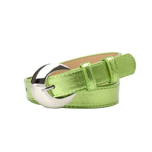 Metallic grass green thin belt with a silver moon-shaped buckle for women's fashion