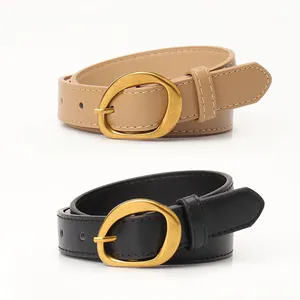 Women's slim faux leather belts with vintage gold buckle in black and khaki colors