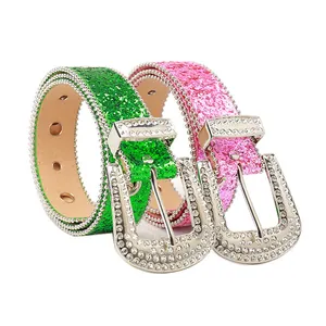 Cinturones de purpurina verde neón y rosa con hebillas de strass para mujer