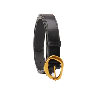 Women's minimalist black leather belt with irregular matte gold pin buckle for jeans