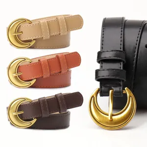 Vintage Crescent Moon Buckle Belt For Women Faux Leather Waist Belt With Antique Gold Metal Buckle Fashion Commuter Jeans Accessory